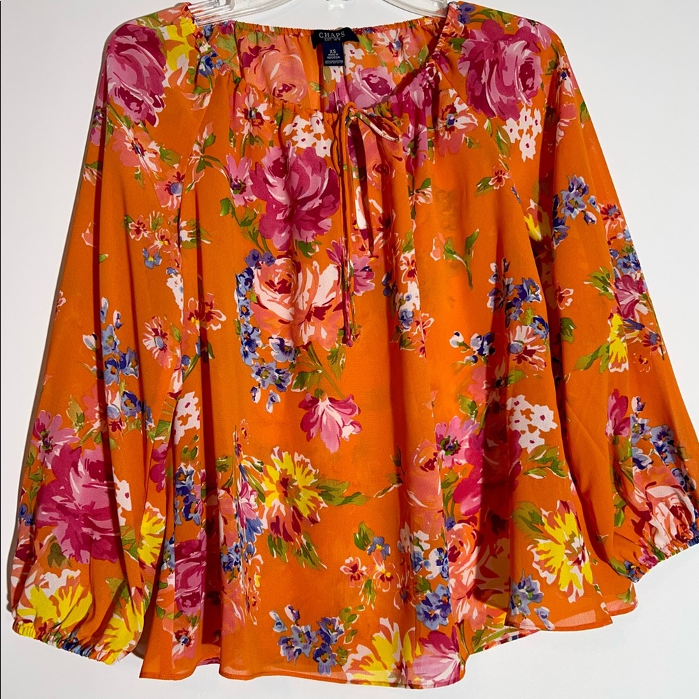 EUC Vintage 1908's CHAPS Bright Colorful Floral Sheer Drawstring Neck Blouse